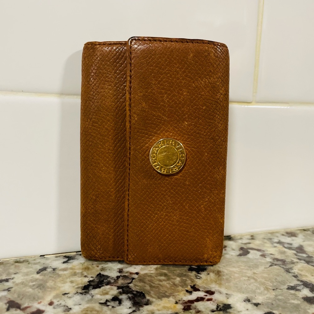 BULGARI Tan Leather Key Ring Wallet 💯 AUTHENTIC